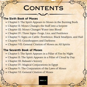 Another contents page highlighting chapters of The Sixth and Seventh Books of Moses, including magical rituals, laws, and instructions. Preserved in its original format by Osda Life.