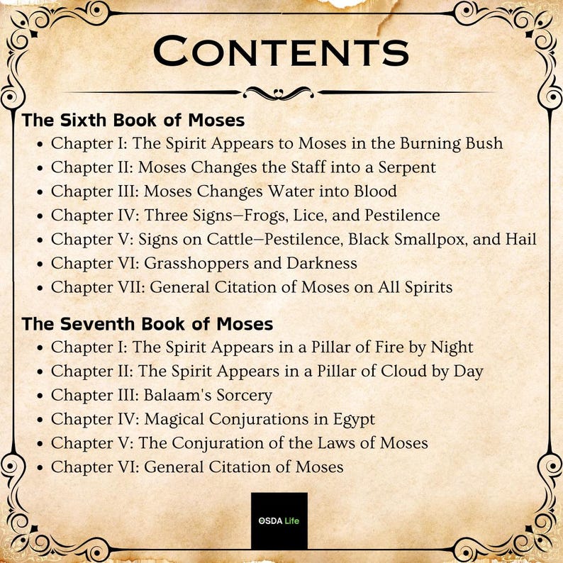 Another contents page highlighting chapters of The Sixth and Seventh Books of Moses, including magical rituals, laws, and instructions. Preserved in its original format by Osda Life.