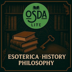 May include: An illustration featuring a stack of brown books, a vintage key, and the text "ESOTERICA HISTORY PHILOSOPHY." A green circle with the text "OSDA LIFE" and a book icon is at the top. The background shows a bookshelf.