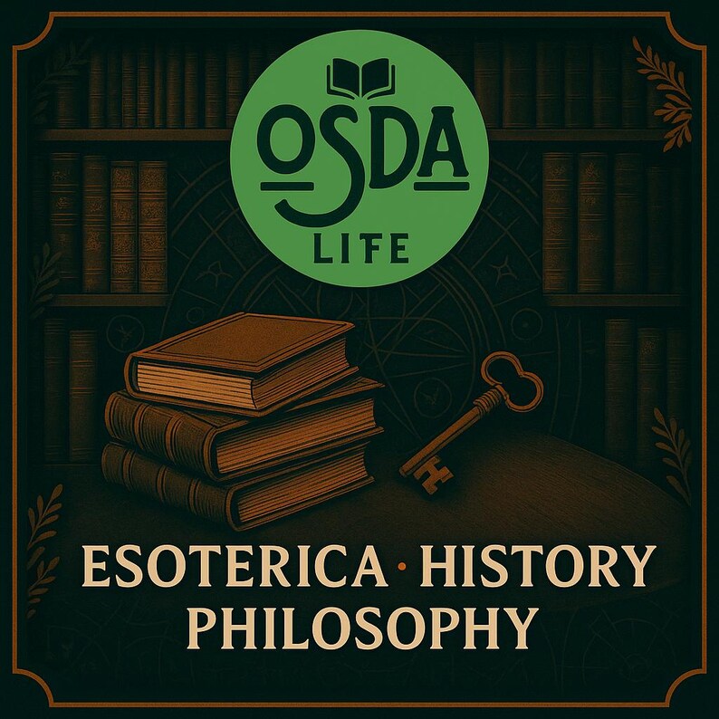 May include: An illustration featuring a stack of brown books, a vintage key, and the text "ESOTERICA HISTORY PHILOSOPHY." A green circle with the text "OSDA LIFE" and a book icon is at the top. The background shows a bookshelf.