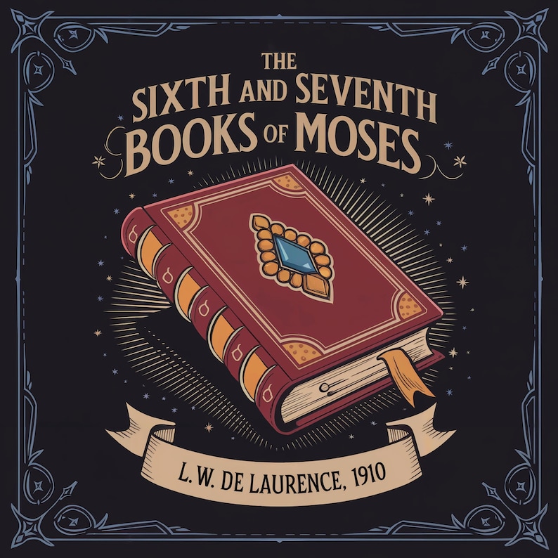 A vintage-inspired cover for The Sixth and Seventh Books of Moses by L.W. de Laurence, 1910. An ornate book cover illustration with gold and blue accents and intricate patterns on a dark background. Digital product available from Osda Life.