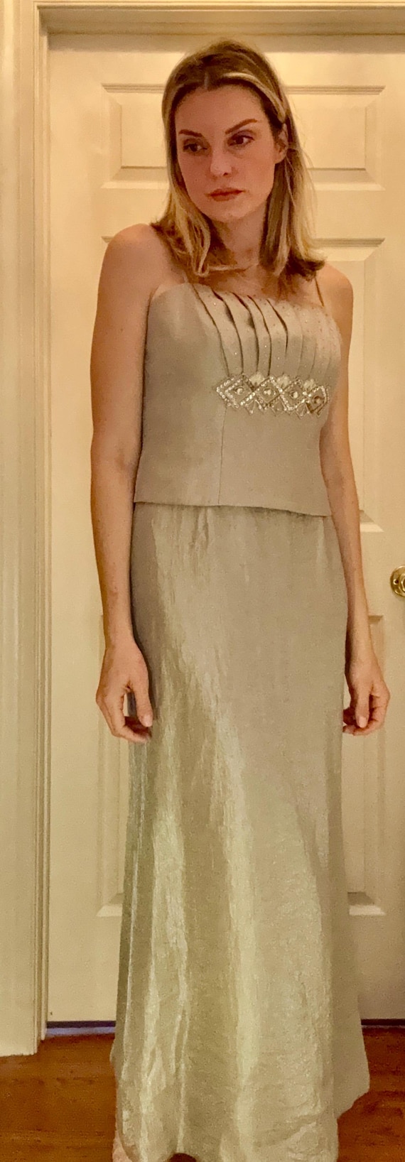 Y2K David's Bridal Silver Gray Gown | Beaded Formal Dress | Spaghetti Strap Evening Dress