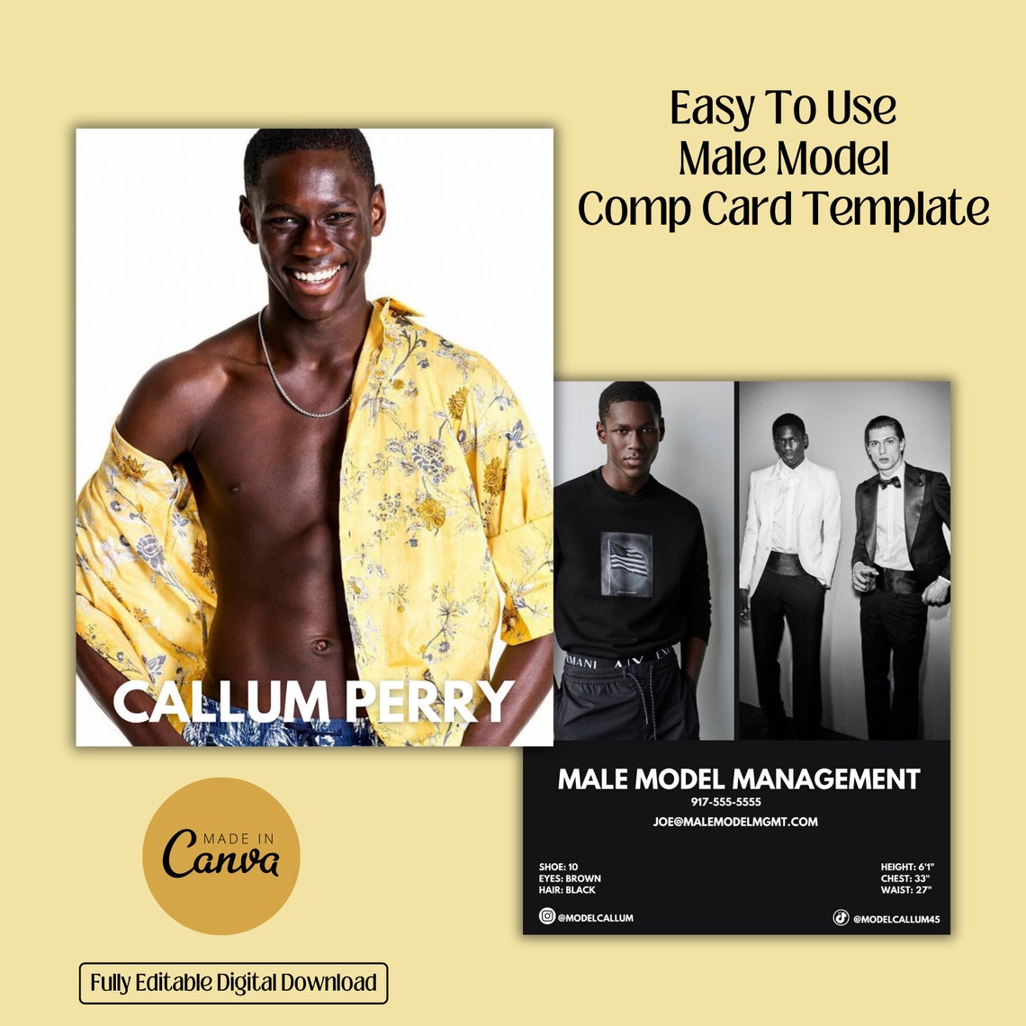 Male Model Comp Card Digital Template, Modeling Resume, Headshot, Canva ...