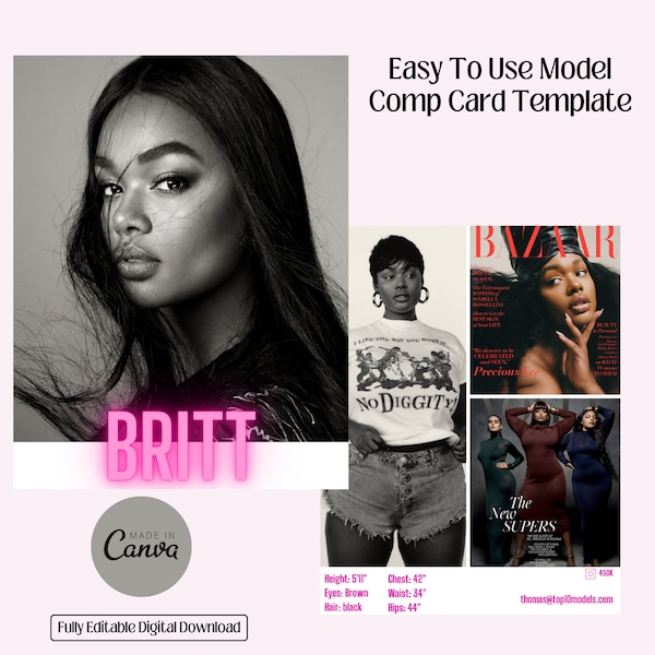 Model Comp Card Digital Template, Modeling Resume, Headshot, Canva Template, Fashion Model Comp, Model Kit, Zed Card for Models, Fashion