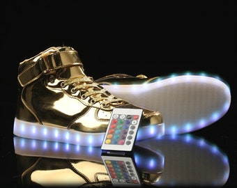 LED Light Up Shoes High Top Gold for Men - Festival Party Shoes, Halloween, 90s clothing, Gifts for men, New Years outfit, Christmas gift