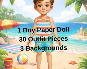 Boy Paper Doll Dress-Up Set | 30 Outfits, 3 Backgrounds (PDF Download)