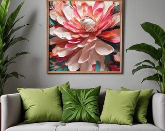 Può includere: Una stampa artistica floreale incorniciata con un grande fiore strutturato nei toni del rosa, bianco e arancione, su uno sfondo turchese e verde scuro. L'opera d'arte è sopra un divano grigio con cuscini verdi.