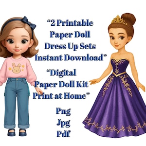 Puede incluir: Juego de vestir muñecas de papel digital con dos muñecas ilustradas. Una muñeca lleva un suéter rosa y jeans, la otra un vestido morado. El texto incluye "2 Printable Paper Doll Dress Up Sets Instant Download" y "Digital Paper Doll Kit Print at Home."