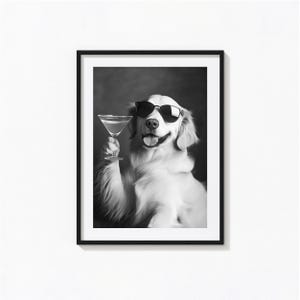 Impresión de Golden Retriever sosteniendo un cóctel, cóctel para perros, arte de pared en blanco y negro, impresiones fotográficas, impresión artística fotográfica con calidad de museo