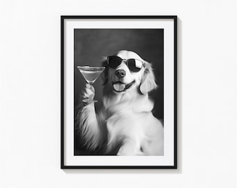 Print golden retriever met cocktail, hondcocktail, zwart-witte muurkunst, fotografie-prints, museumkwaliteit fotokunstdruk