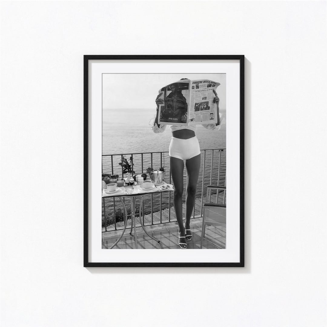 Woman Reading Newspaper Print, Fashion Magazine Black and White Wall Art, Vintage Print, P