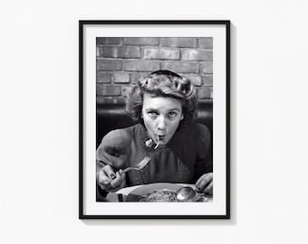 Woman Eating Spaghetti in Restaurant Print, Black and White Wall Art, Vintage Print, Photography Prints, Museum Quality Photo Art Print