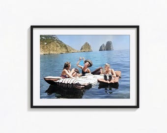 Women Eating Pasta On Water, Eating Spaghetti on Lake Print, Colored Vintage Poster, Wall Art, Vintage Print, Photography Prints