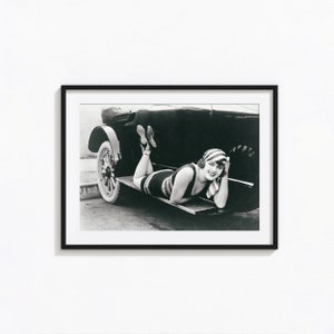 Woman Posing on Antique Car Print, Vintage Woman Black and White Wall Art, Vintage Print, Photography Prints, Museum Quality Photo Art Print