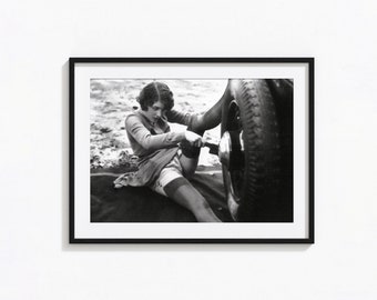 Woman Changing Tire Print, Vintage Risque Photo, Black and White Wall Art, Vintage Print, Photography Prints, Museum Quality Photo Art Print