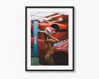 Stampa di una donna Ferrari, stampa murale Ferrari F40, poster di un'auto, stampa vintage, stampe fotografiche di auto d'epoca, stampa artistica fotografica di qualità museale