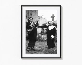 Rebel Nuns Print, Retro Humor Black and White Wall Art, Vintage Print, Photography Prints, Museum Quality Photo Art Print