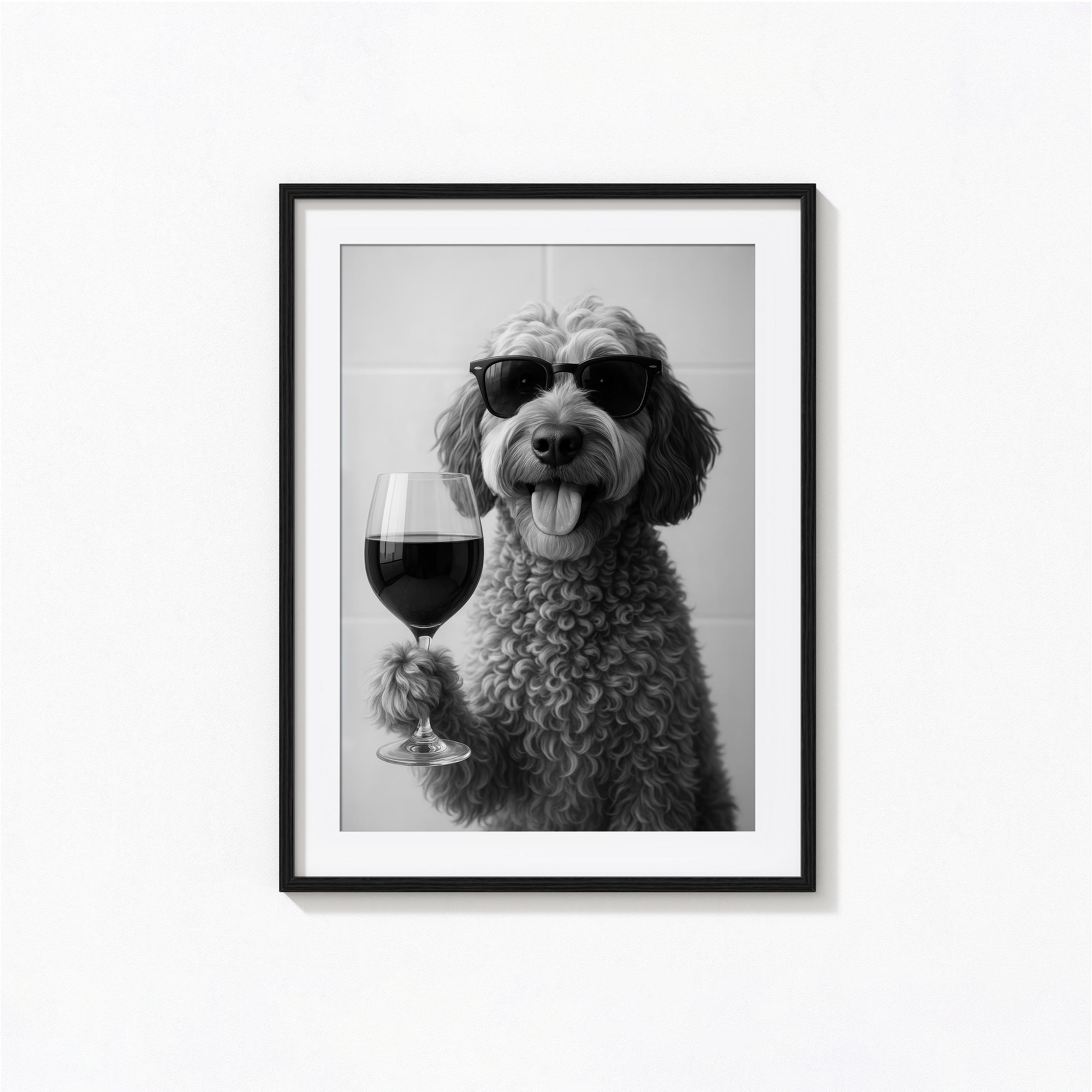 Cockapoo Drinking Wine Print, Dog Drinking Wine, Black and White Wall Art, Photography Prints, Museum Quality Photo Print, Trendy Dog Poster