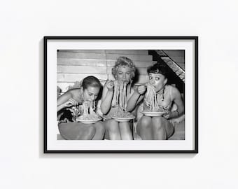 Women Eating Spaghetti Print, Women Eating Pasta Black and White Wall Art, Vintage Print, Photography Prints, Museum Quality Photo Art Print