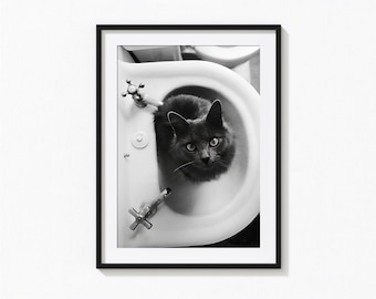 Impression de chat assis dans le lavabo de la salle de bain, art mural noir et blanc drôle de chat, impression vintage, tirages de photographie, impression d'art photo de qualité musée