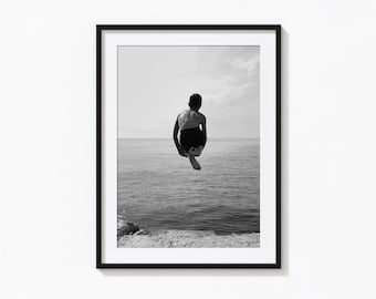 Boy Jumping into the Water Print, Beach Swimming Black and White Wall Art, Vintage Print, Photography Prints, Museum Quality Photo Art Print