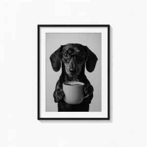 Dachshund Drinking Coffee Print, Dog Coffee Art, Black and White Wall Art, Photography Prints, Museum Quality Photo Print, Trendy Dog Poster