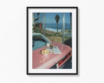 Vintage Car with Coastal View Print, Pink Car Wall Art, Vintage Print, Photography Prints, Museum Quality Photo Art Print