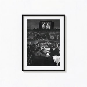 Young Couple Watching Movie in Drive-In Cinema Print, Black and White Wall Art, Vintage Print, Photography Prints, Museum Quality Print