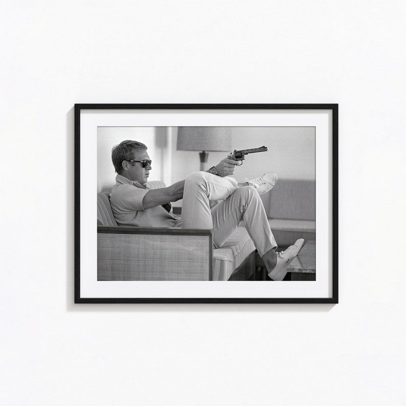 Steve McQueen Aiming a Pistol Revolver Print, Bullitt, Black and White Wall Art, Vintage Print, Photography Prints, Museum Quality Print image 1