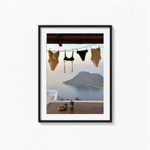 Hanging Bikini Print, Minimalist Summer Poster with Sea View, Vintage Print, Photography Prints, Museum Quality Photo Art Print
