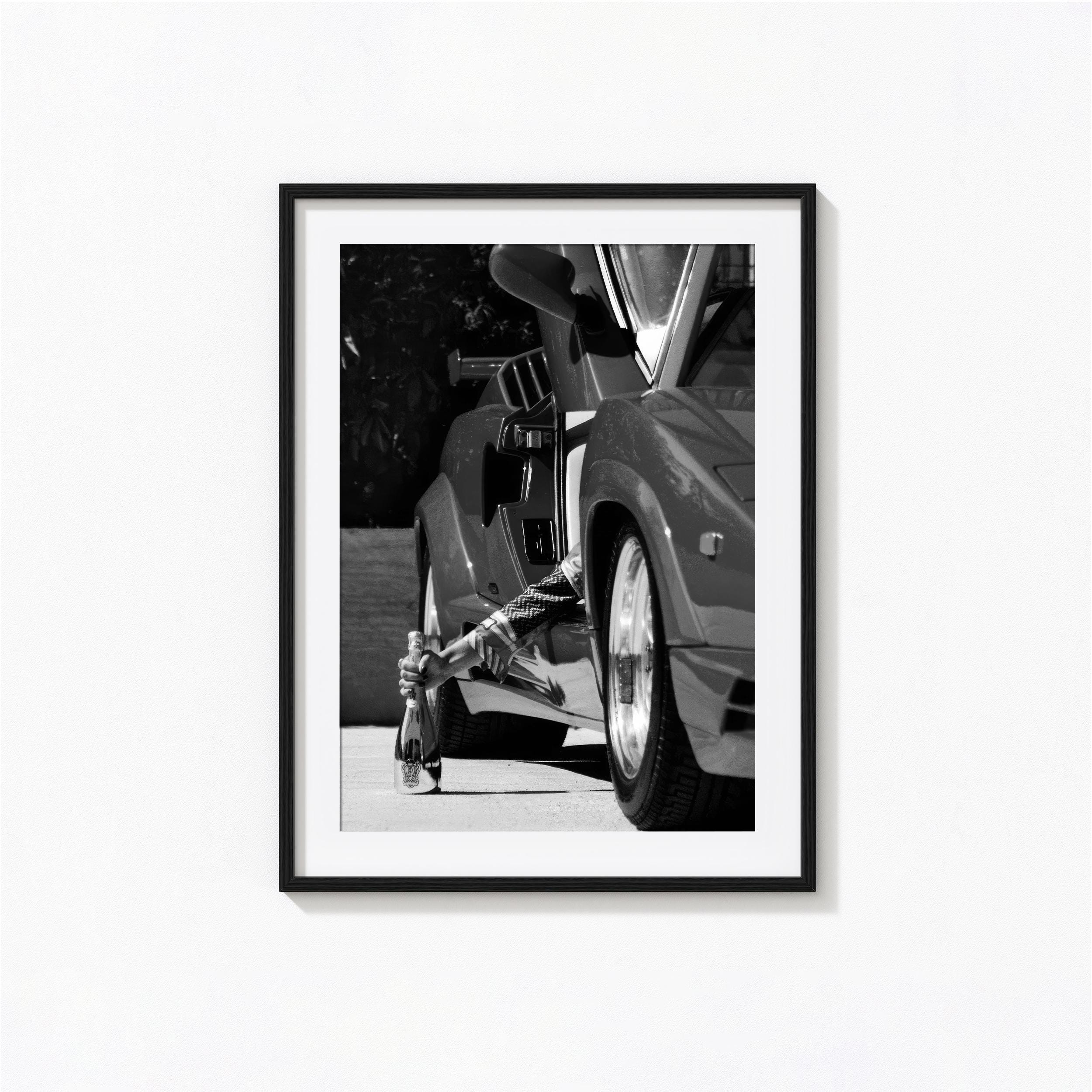 Lamborghini Wine Print, Champagne Girl Black and White Wall Art