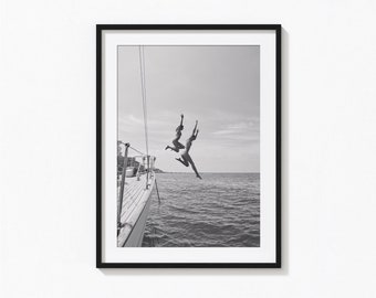 Ocean Jump Sail Boat Yacht Print, Summer Black and White Wall Art, Vintage Print, Photography Prints, Museum Quality Photo Art Print