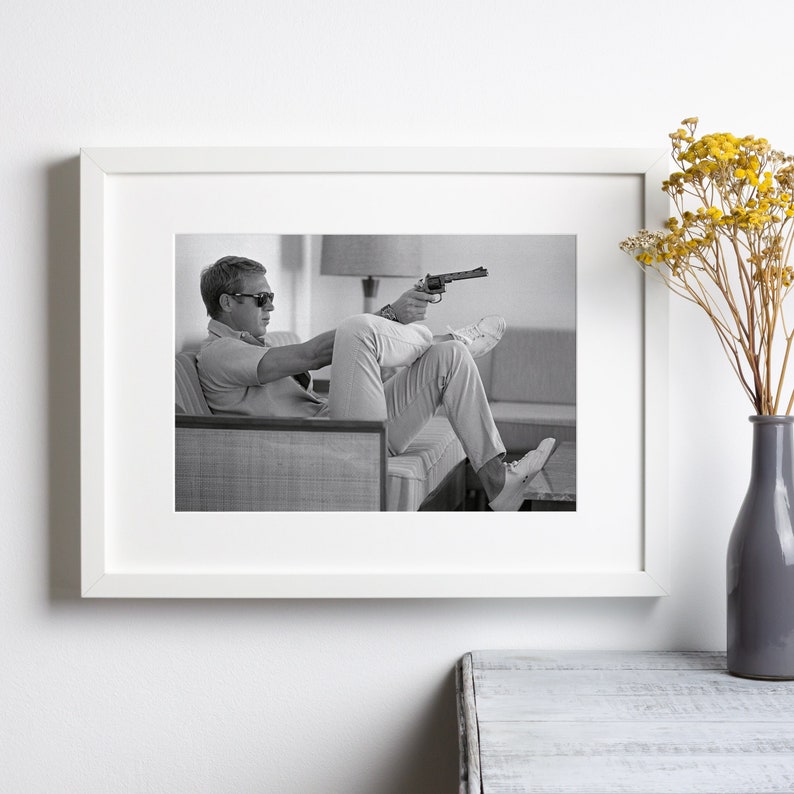 Steve McQueen Aiming a Pistol Revolver Print, Bullitt, Black and White Wall Art, Vintage Print, Photography Prints, Museum Quality Print image 3