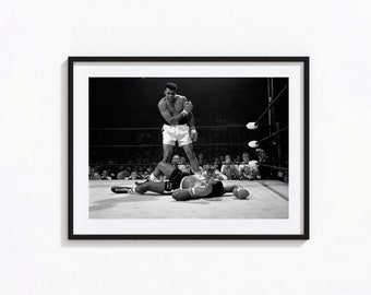 Muhammad Ali print, Muhammad Ali vs Sonny Liston zwart-witte muurkunst, vintage print, fotografie prints, museum kwaliteit foto kunst print