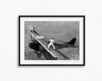 Wingwalker Tennis Match on Airplane Print, Tennis In The Sky Black and White Wall Art, Vintage Print Photography Prints Museum Quality Print