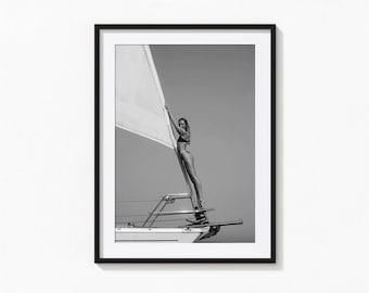 Woman on Sailboat Print, Black and White Yacht Wall Art, Coastal Print, Vintage Print, Photography Prints, Museum Quality Photo Art Print