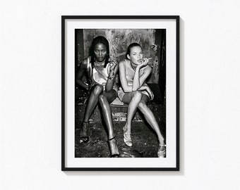 Impression de Naomi Campbell et Kate Moss, affiche de mode, art mural noir et blanc, impression vintage, estampes de photographie, impression de qualité musée