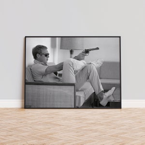 Steve McQueen Aiming a Pistol Revolver Print, Bullitt, Black and White Wall Art, Vintage Print, Photography Prints, Museum Quality Print image 2