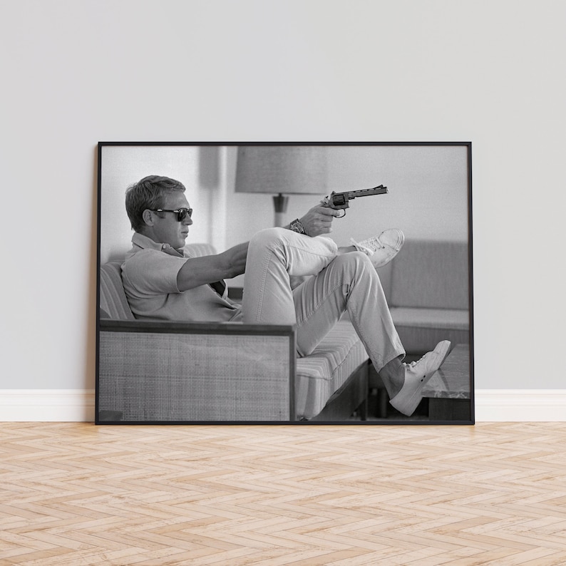 Steve McQueen Aiming a Pistol Revolver Print, Bullitt, Black and White Wall Art, Vintage Print, Photography Prints, Museum Quality Print image 2