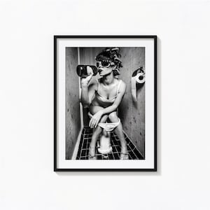 Girl Sitting On Toilet Drinking Poster, Funny Bathroom Art Black and White Wall Art, Vintage Print, Photography Prints, Museum Quality Print