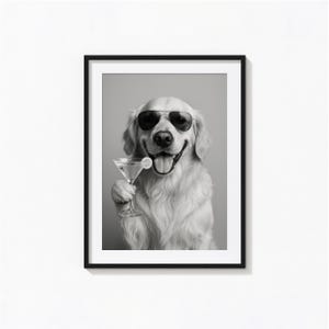 ゴールデンレトリバーのカクテルプリント、バーアート、白黒ウォールアート、写真プリント、美術館品質の写真プリント、トレンディな犬のプリント