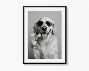 Golden Retriever Drinking Cocktail Print, Bar Art Black and White Wall Art, Photography Prints, Museum Quality Photo Print, Trendy Dog Print