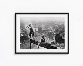 Golfer Teeing off on Girder High above City, Black and White Wall Art, Vintage Print, Photography Prints, Museum Quality Photo Art Print