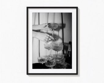 Impresión de copas de champán, arte de carrito de bar, arte de pared en blanco y negro de bar pub, impresión vintage, impresiones fotográficas, impresión fotográfica de calidad de museo