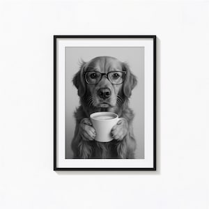 Golden Retriever Drinking Coffee Print, Bar Art Black and White Wall Art, Photography Prints, Museum Quality Photo Print, Trendy Dog Print