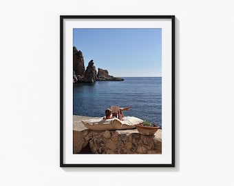 Coastal Reading Print, Woman Relaxing by the Water, Capri, Italy Wall Art Vintage Print, Photography Prints, Museum Quality Photo Art Print