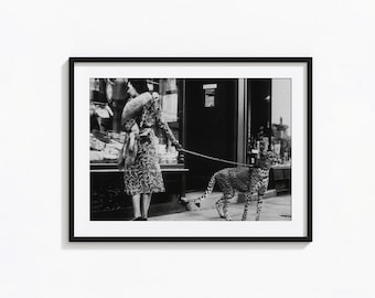Leopard on a Leash Print, Vintage Animal Photo, Black and White Wall Art, Vintage Print, Photography Prints, Museum Quality Photo Print