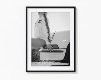 Retro Porsche Girl Print, Black and White Wall Art, Porsche Poster, Car Poster, Vintage Print, Photography Prints,Museum Quality Photo Print