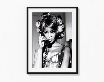 Naomi Campbell On Telephone Print, Black and White Wall Art, Vintage Print, Photography Prints, Museum Quality Photo Art Print