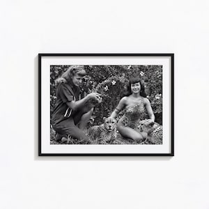 Bettie Page with Leopard Poster, Vintage Pin Up Girl Black and White Wall Art, Vintage Print, Photography Prints, Museum Quality Photo Print
